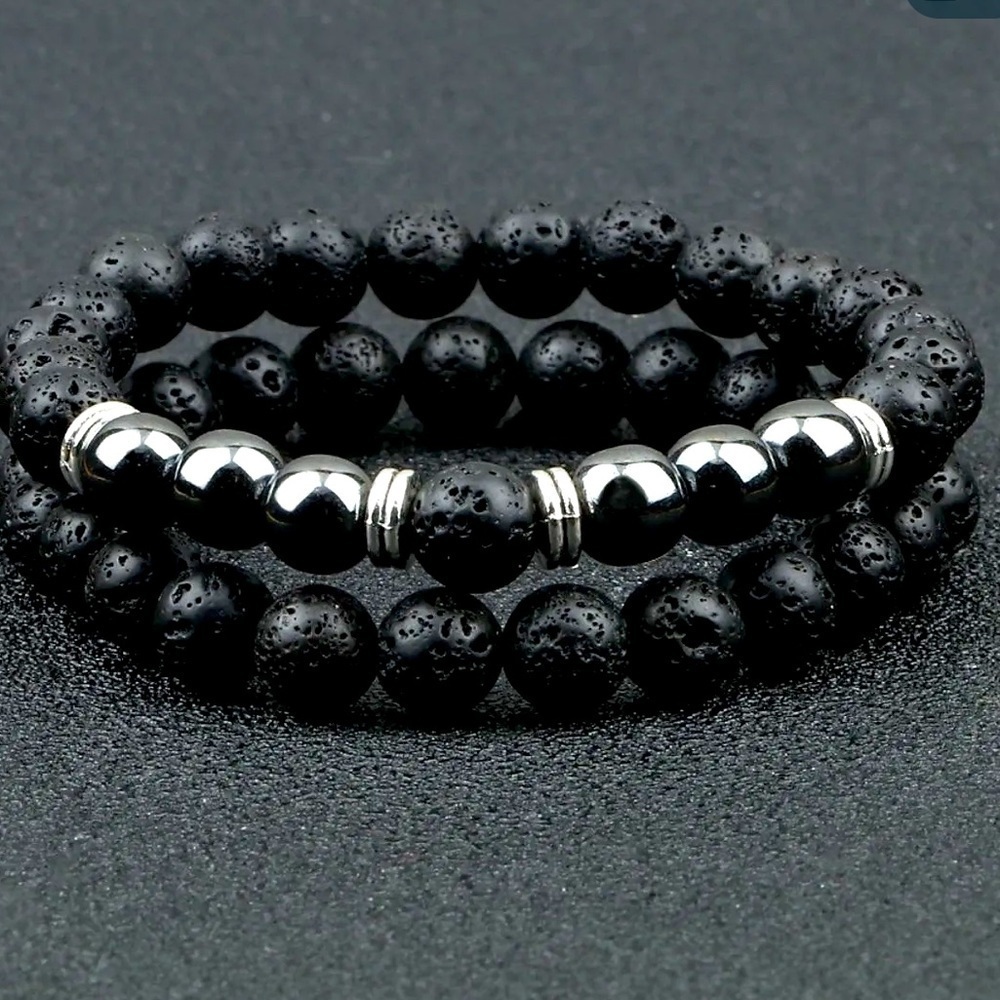 Unisex Two “Kratos “ Black Lava and Hematite Healing Stretch Bracelets